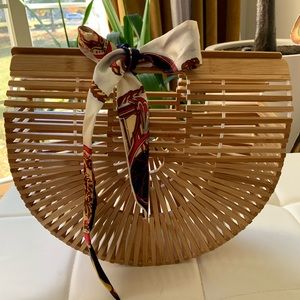 Bamboo tote, wooden handbag with silk scarf